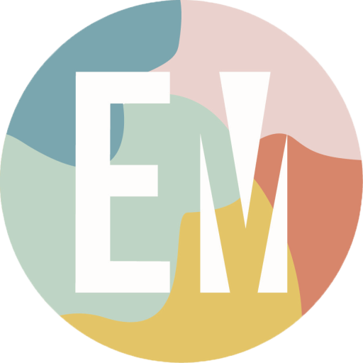 Emerge logo with just the "EM" on a multicolour mosaic background